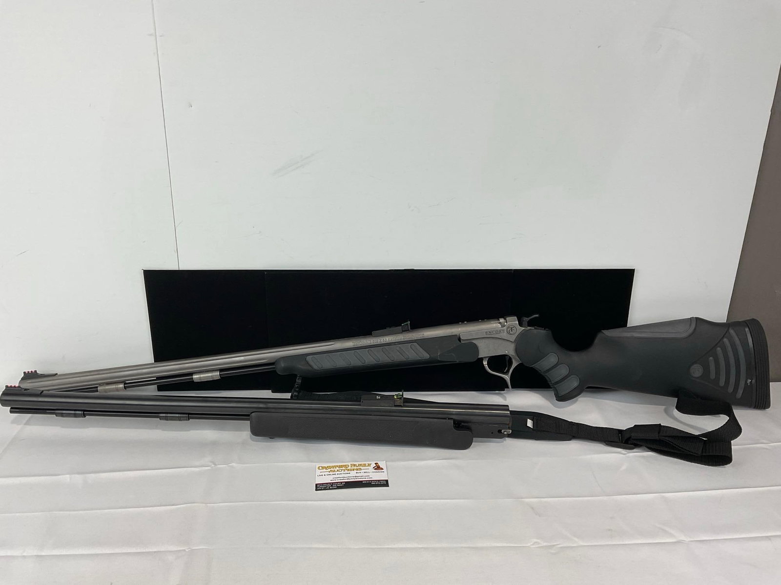 Encore Pro Hunter 209x50 Cal Break-Open Black Powder Single Shot Rifle w/extra barrel, SN:MAN1560: Requires an FFL . Made by Thompson & Center Arms. The barrel measures approx 28 inches, in total 45 inches. Serial Number:MAN1560. Appears to be in good shape. While traditional black powder