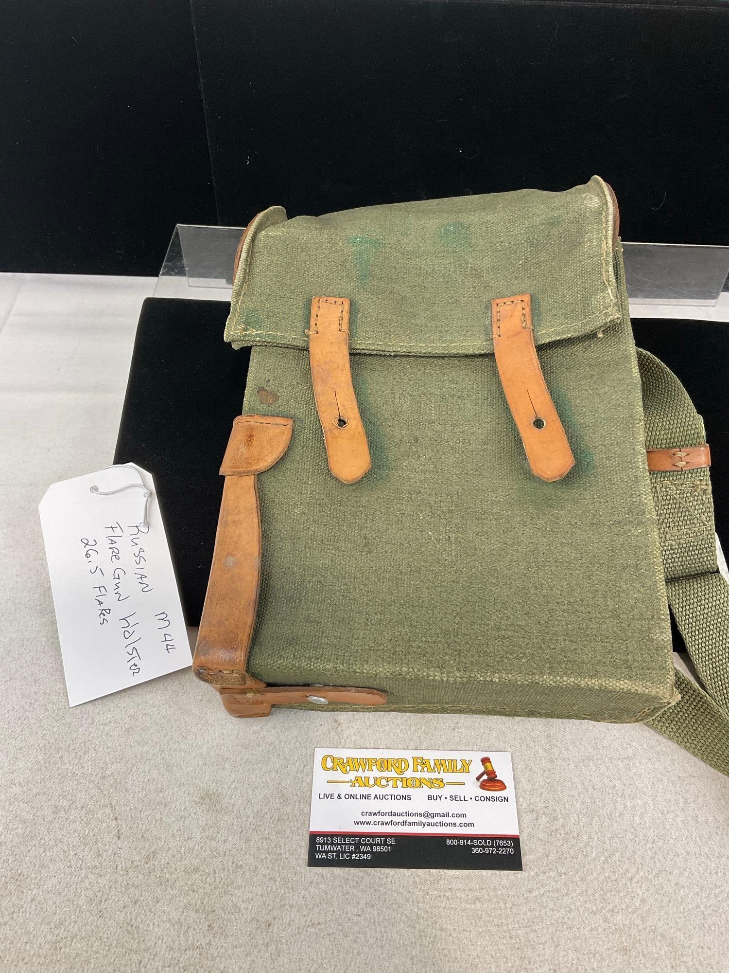 1966 Russian M44 Flare Gun Pouch, holds 26.5mm flares, no flares incl. 12x9x4 inches: Heavy duty cloth & leather. Appears to be in good shape. The piece measures approx 12h x 9w x 4d inches. See pics. E-6440