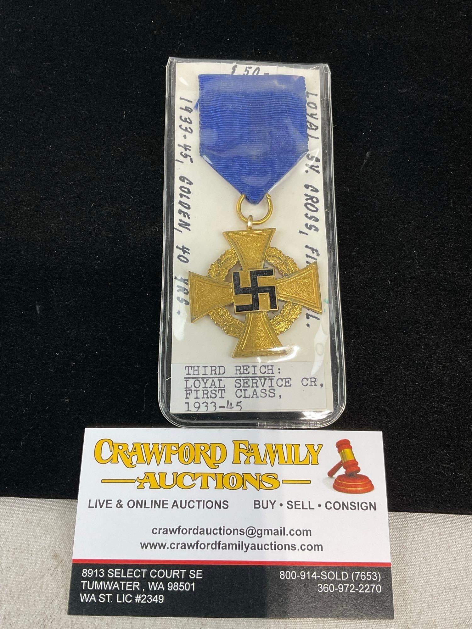 WWII German Third Reich 40 year Faithful Service Cross 1st Class, Gold-Finish cross, Blue ribbon: All from the same collection. Appears to be in good shape. The piece measures approx 5h x 3w x 2d inches. See pics. E-414