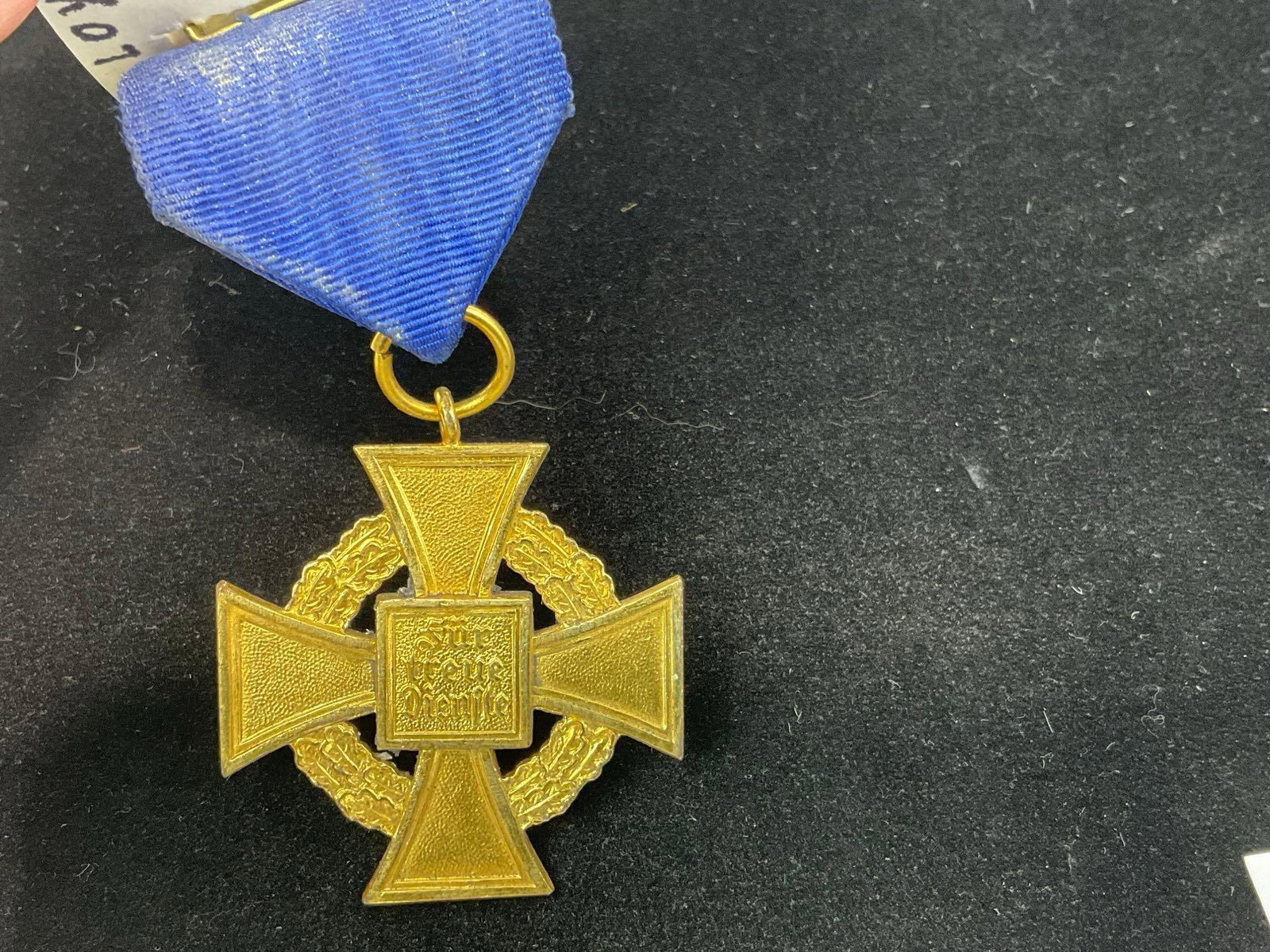 WWII German Third Reich 40 year Faithful Service Cross 1st Class, Gold-Finish cross, Blue ribbon - 2