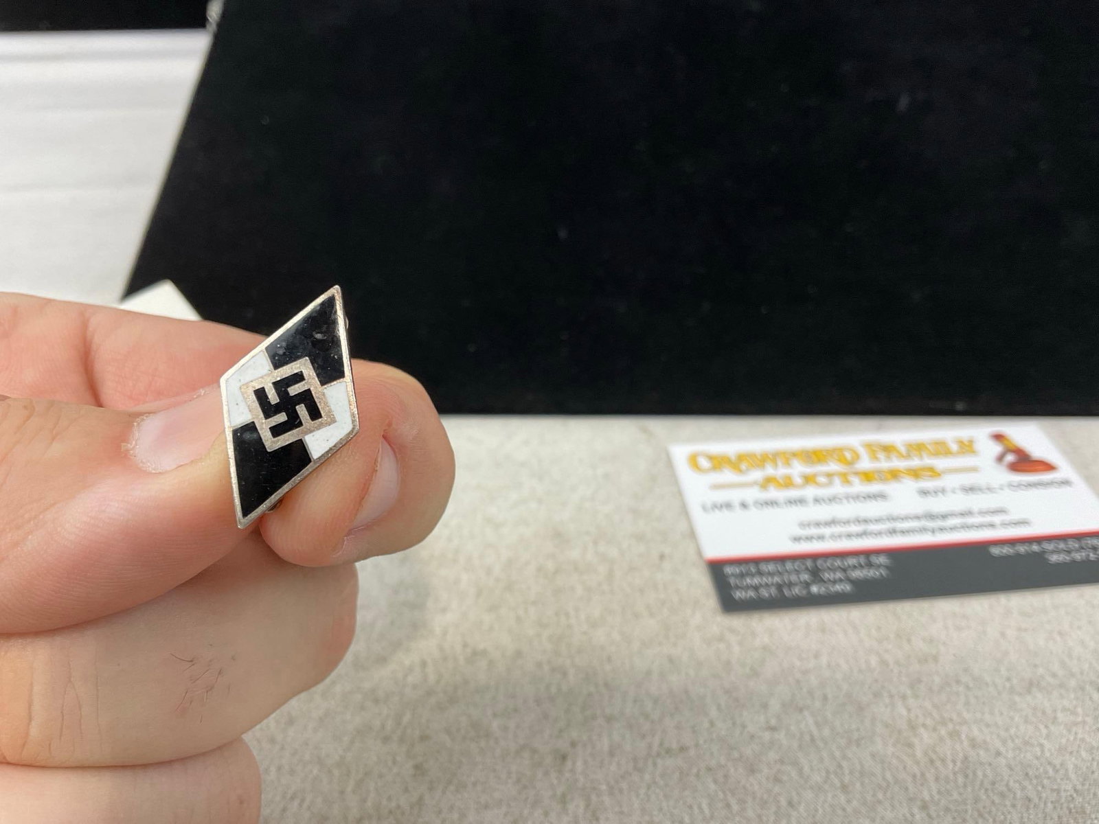 WWII 1940-44 Estonian Hitler Youth Diamond Scarce Enamel Pin, Black & White - 3