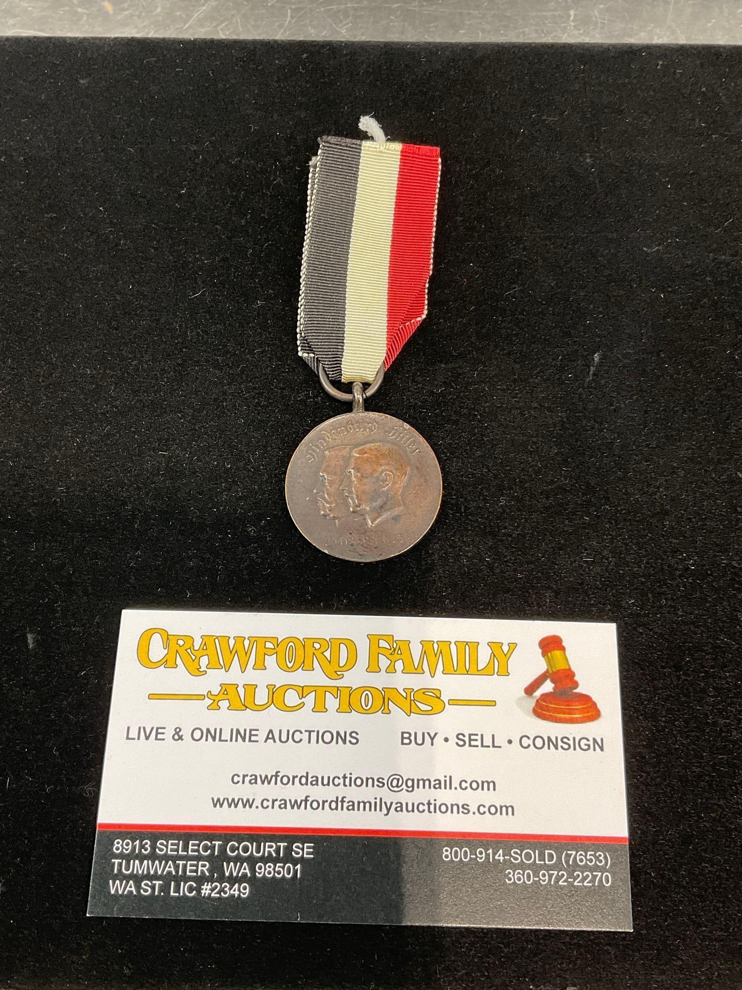 WWII German Third Reich 1933 Hindenburg-Hitler Commemorative Medal, Red/White/Black Ribbon: All from the same collection. Appears to be in good shape. The piece measures approx 5h x 3w x 2d inches. See pics. E-414