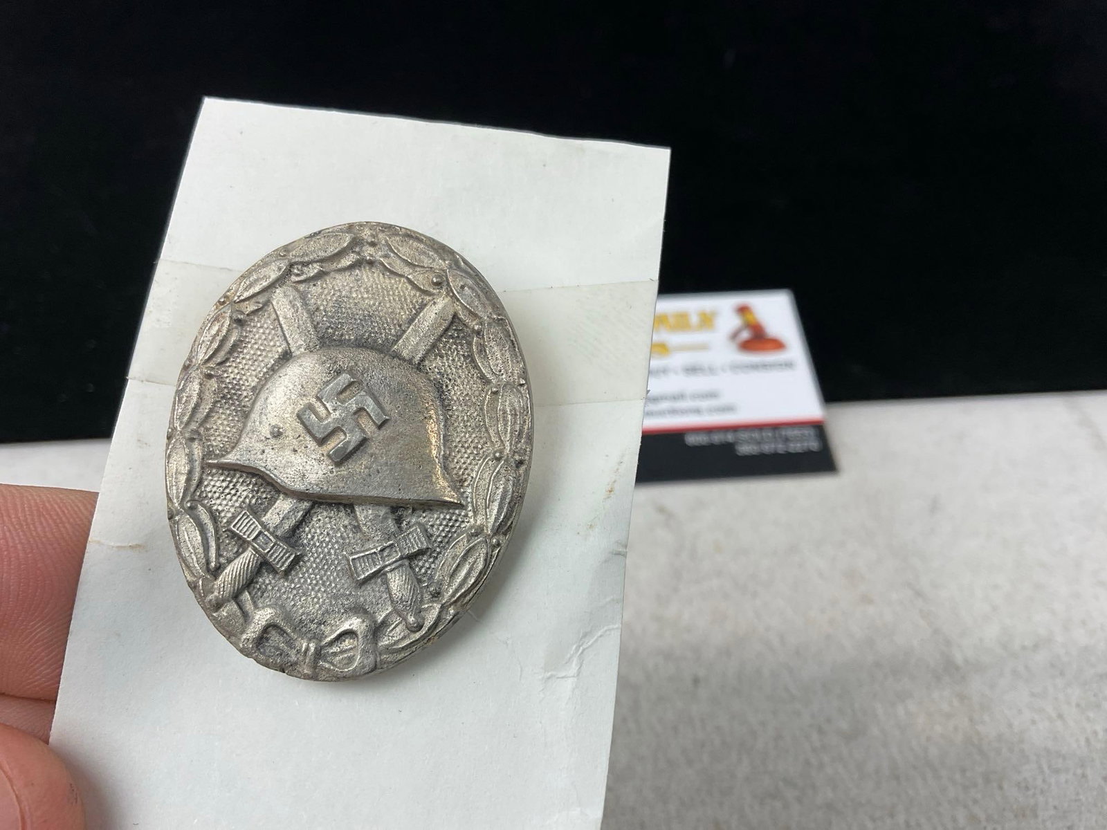 WWII Era circa 1939 Third Reich Wound Medal, Silvered, w/Swords, Helmet & Laurel Edge - 2