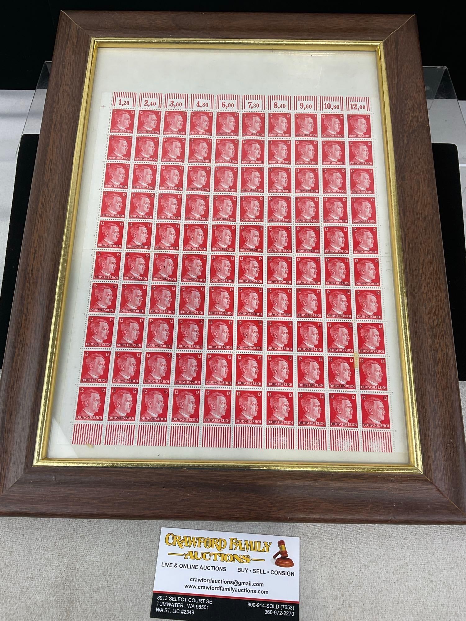 Framed Complete Uncut Sheet of 100 Red Third Reich German Hitler Head postage stamps, 17x13 inches: Appears to be in good shape. The piece measures approx 17h x 13w x 3d inches. See pics. E-414