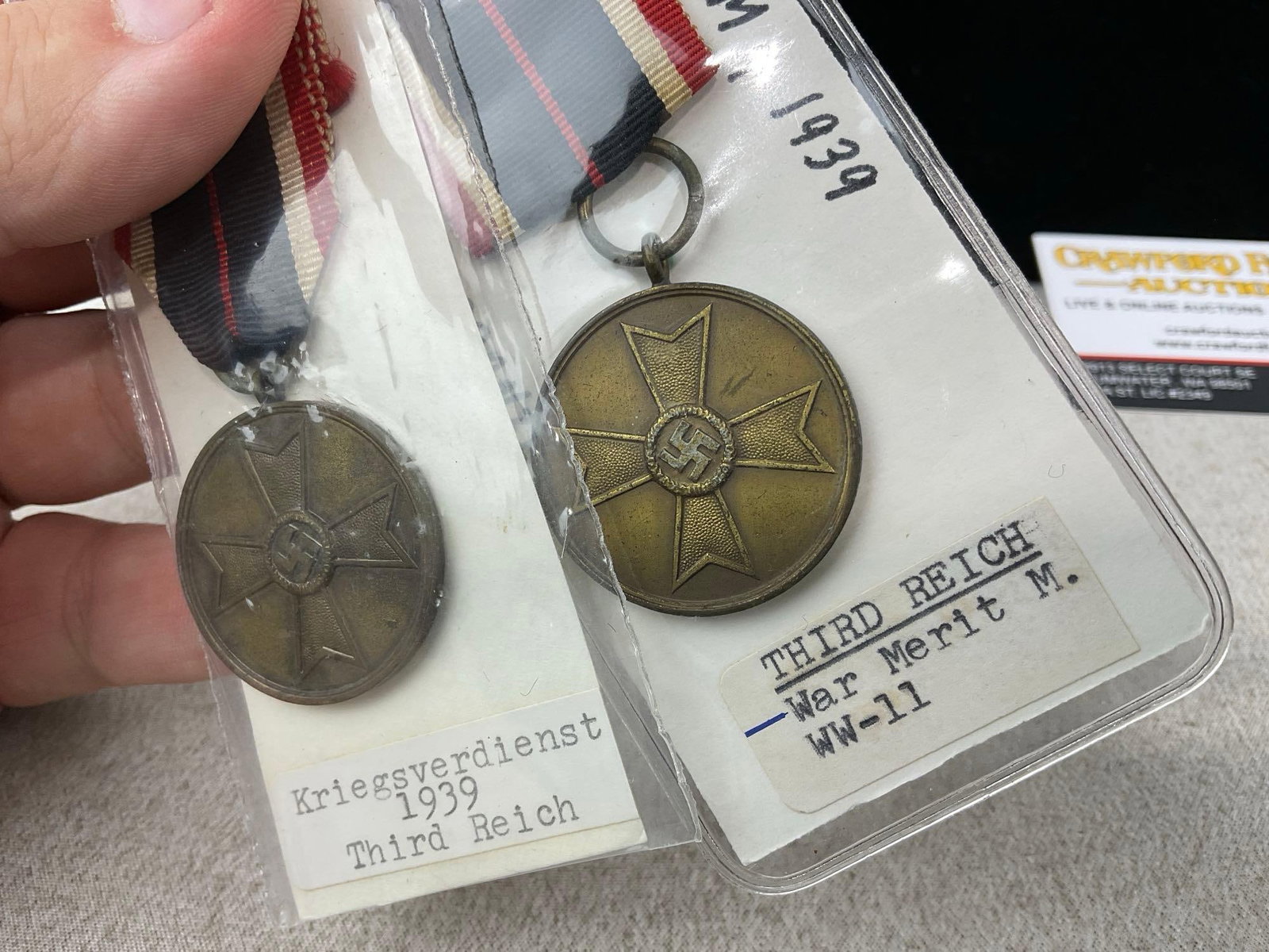 Pair of WWII German Third Reich War Merit Medals, Red/White/Black Ribbons, Kriegsverdienstmedaille - 2