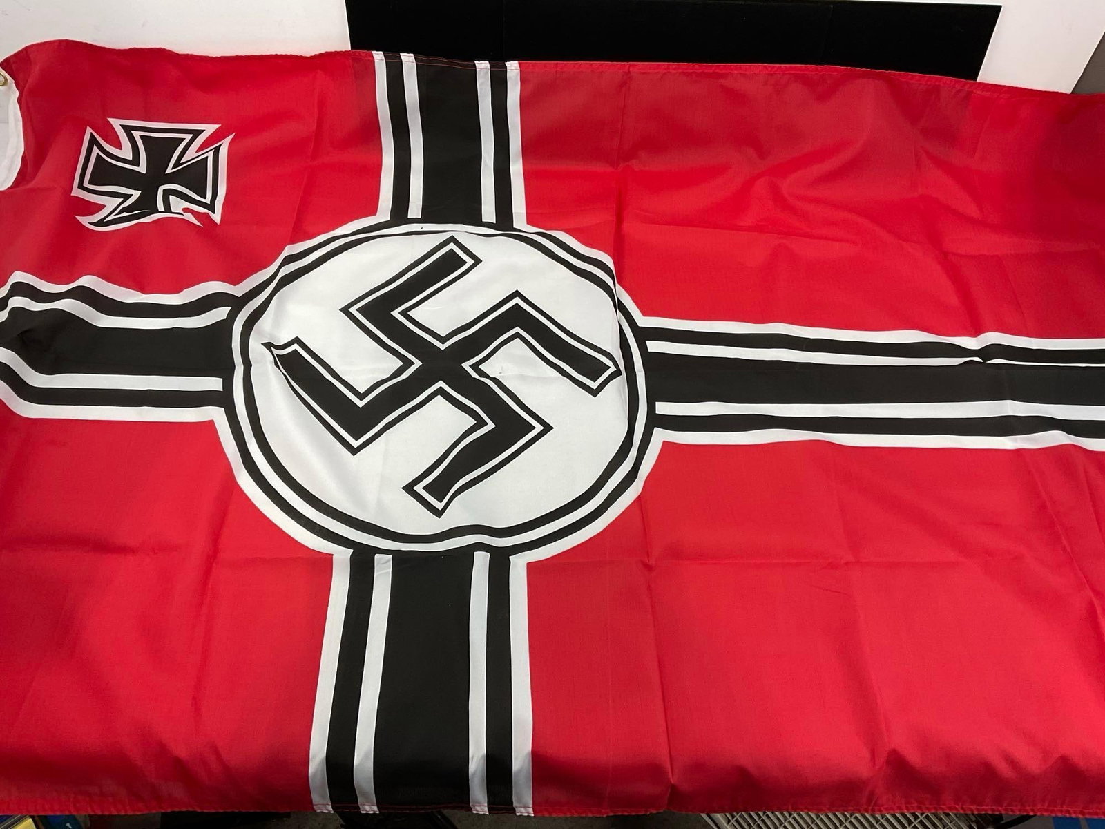 WWII German Third Reich Kriegsmarine Flag, German Navy, 1938-45, approx 30x50 inches: Appears to be in good shape. The piece measures approx 6h x 6w x 3d inches when folded up. See pics. E-414