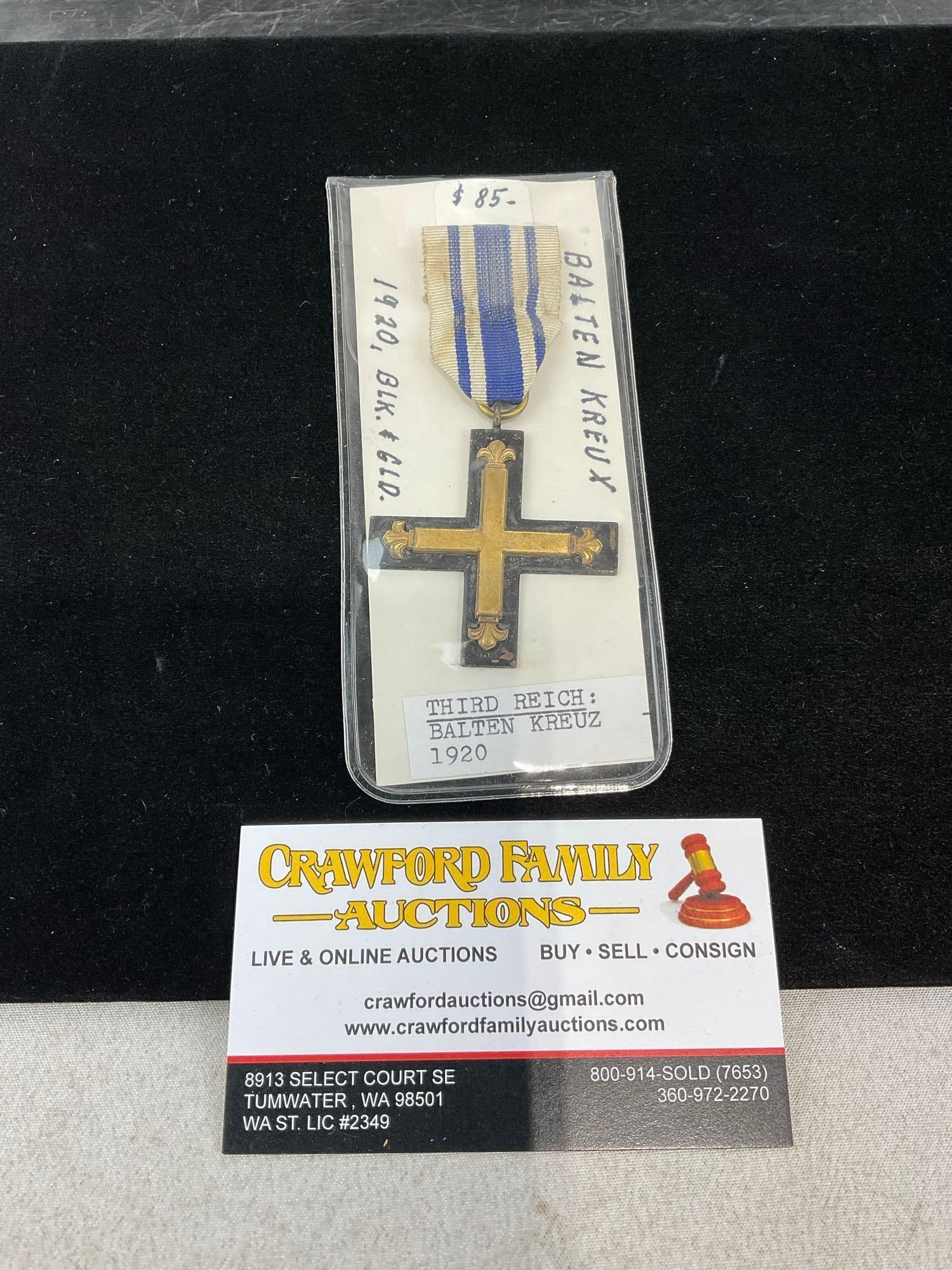 Antique 1920 Baltic Cross German Medal, Blue & White Ribbon, Brass tone cross: Appears to be in good shape. The piece measures approx 5h x 3w x 2d inches. See pics. E-414
