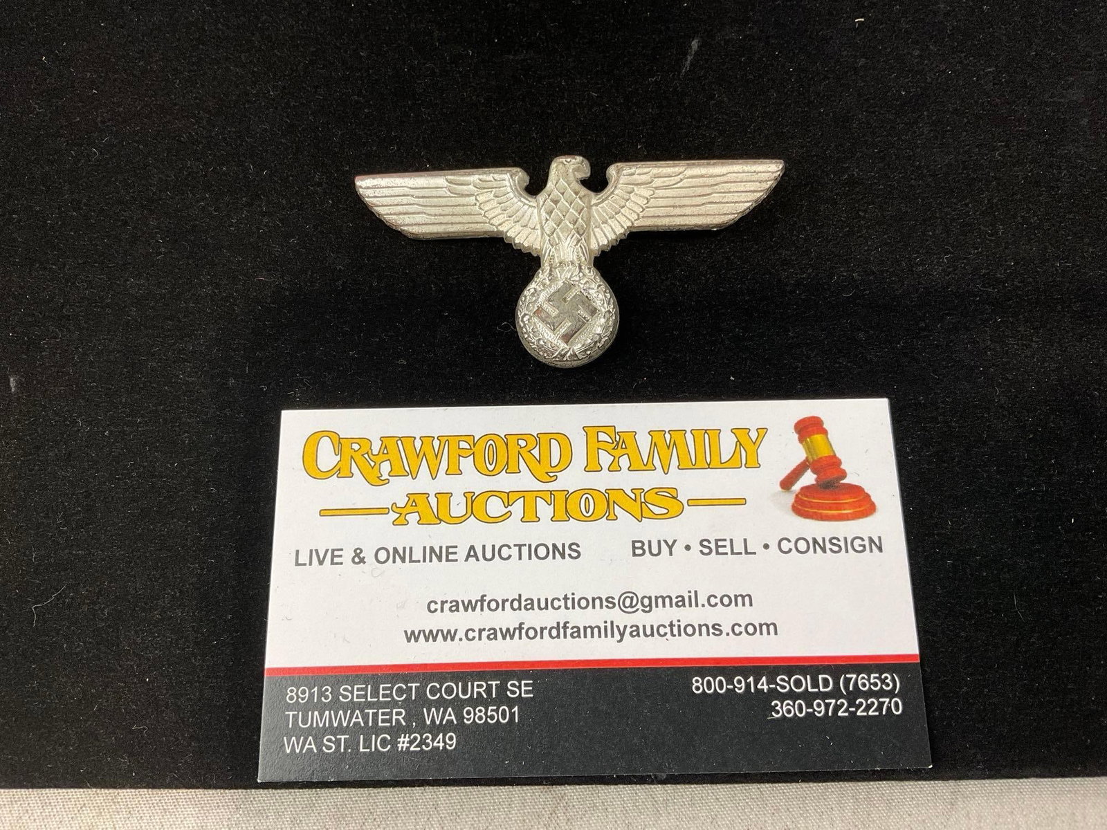 WWII Third Reich German Visor Cap, Eagle NSDAP, stamped aluminum, 2x1x1 inches: Appears to be in good shape. The piece measures approx 3h x 2w x 2d inches. See pics. E-6160