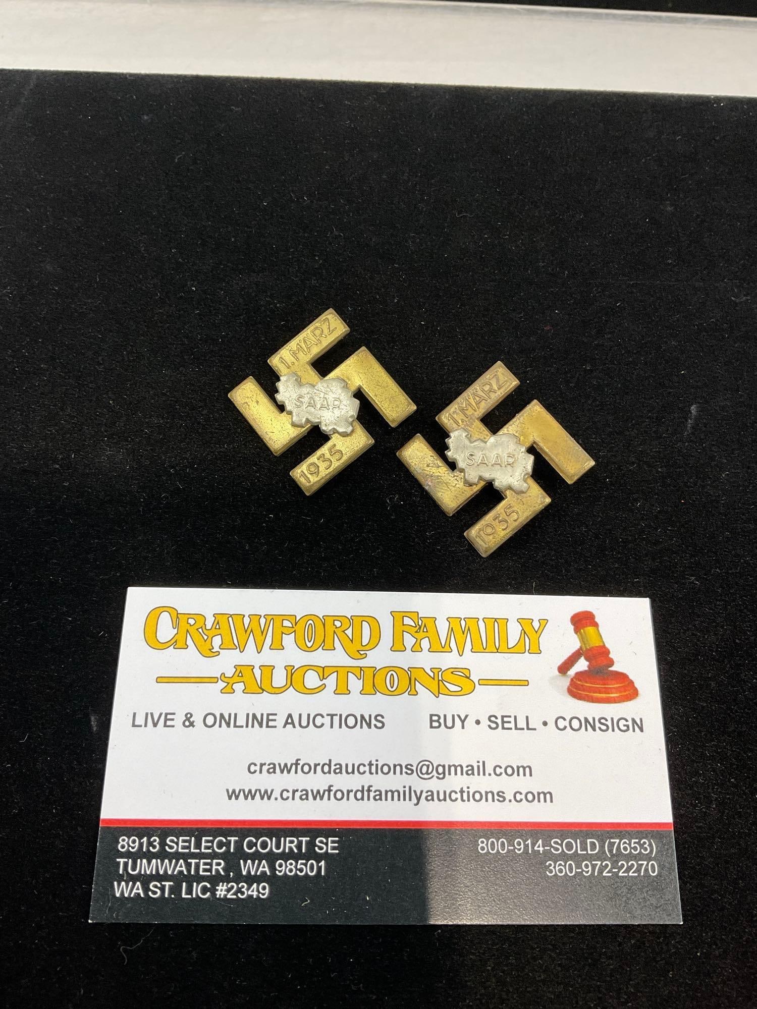 2x Third Reich German 1 March Saar Pins, Commemorative Event returning Saarland to Germany: Appears to be in good shape. The piece measures approx 2h x 2w x 2d inches. See pics. E-6160