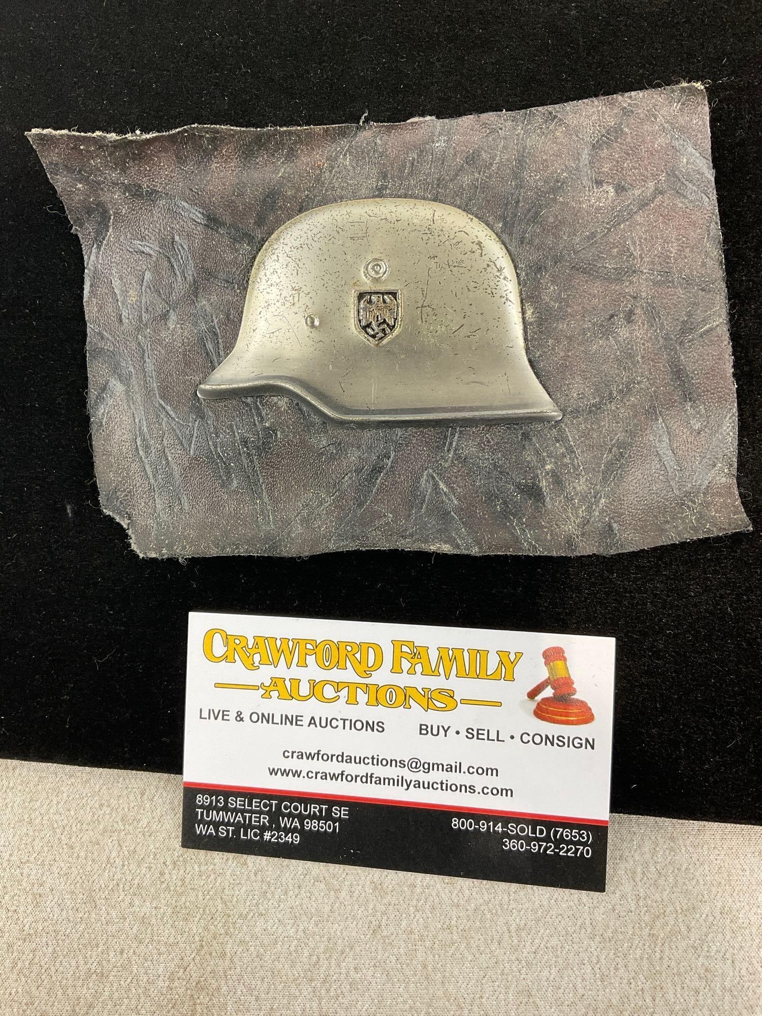 WWII Third Reich German Stahlhelm Miniature Insignia, Steel Helmet w/prongs, 4x3x2 inches: Appears to be in good shape. The piece measures approx 4h x 3w x 2d inches. See pics. E-6160
