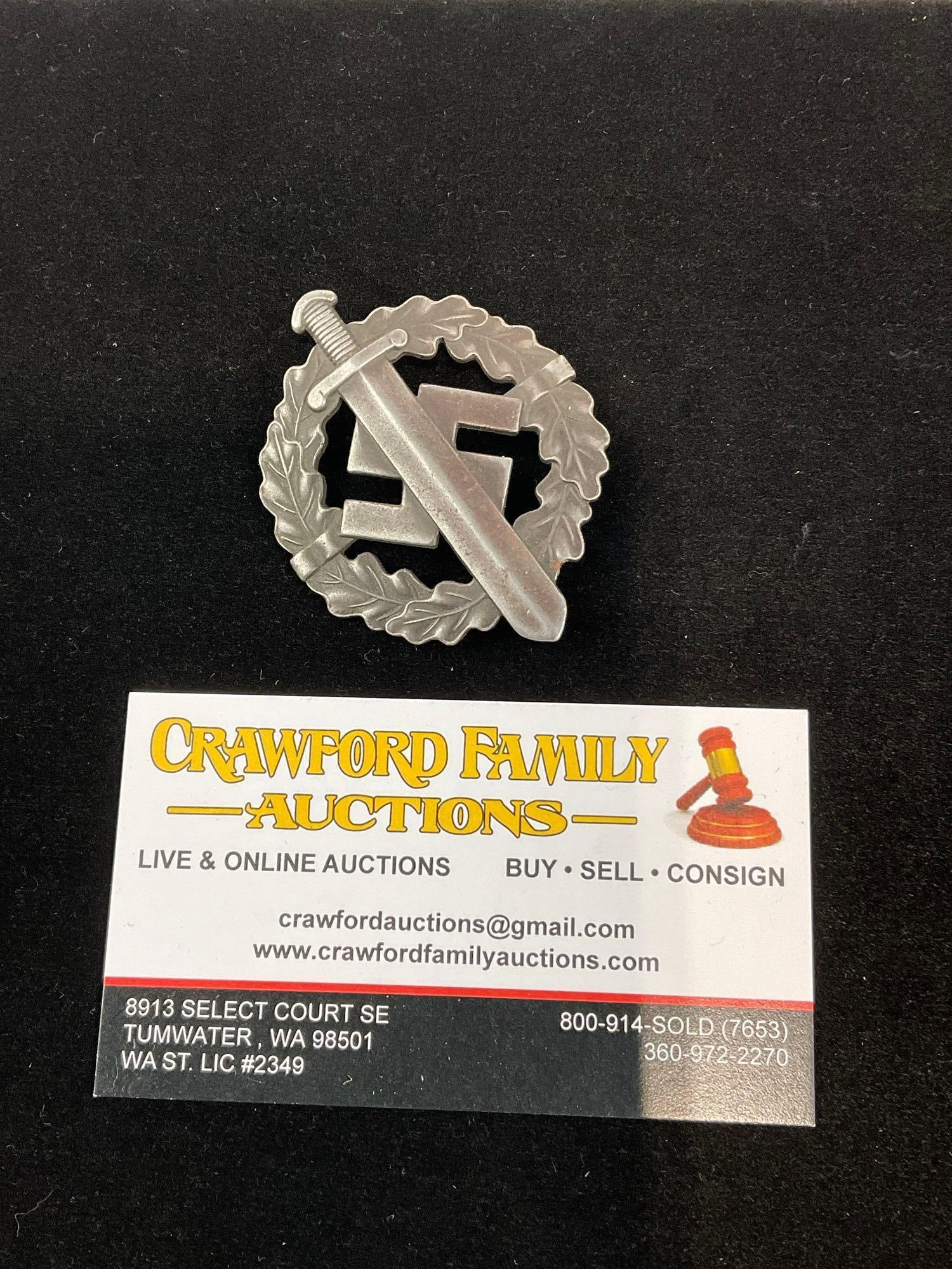 WWII Third Reich German Oak Leaf Wreath, Sword across a Pin, SA Sports Badge, Bronze Grade Medal: Appears to be in good shape. The piece measures approx 3h x 2w x 2d inches. See pics. E-6160