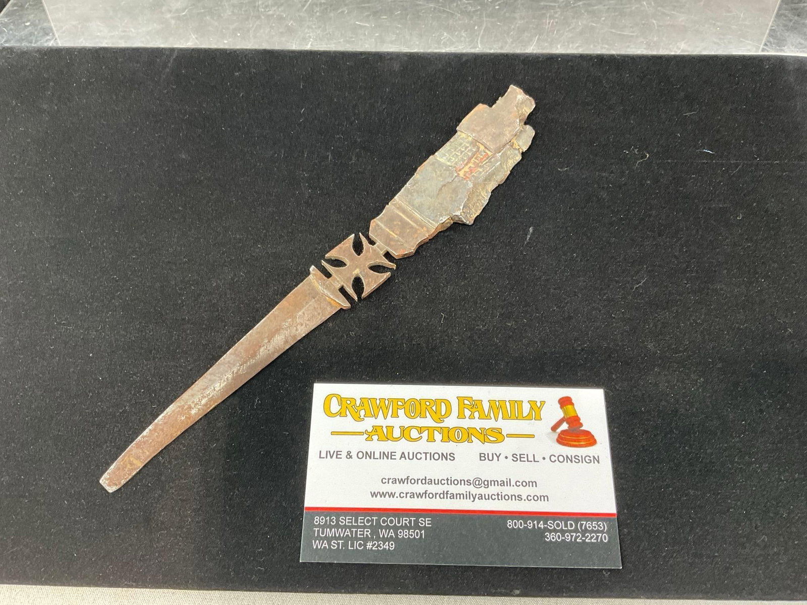 Antique World War I Shrapnel Trench Art Letter Opener, Iron Cross in the middle, 9h x 3w x 2d inc...: Appears to be in good shape. The piece measures approx 9h x 3w x 2d inches. See pics. E-6160