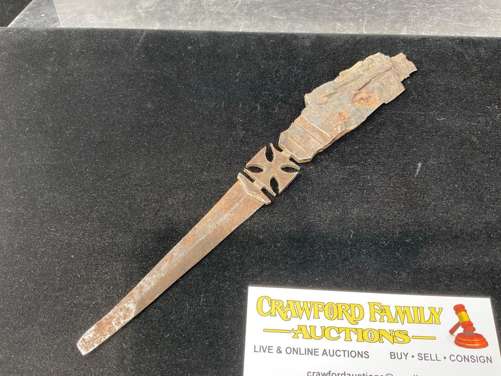 Antique World War I Shrapnel Trench Art Letter Opener, Iron Cross in the middle, 9h x 3w x 2d inc... - 4