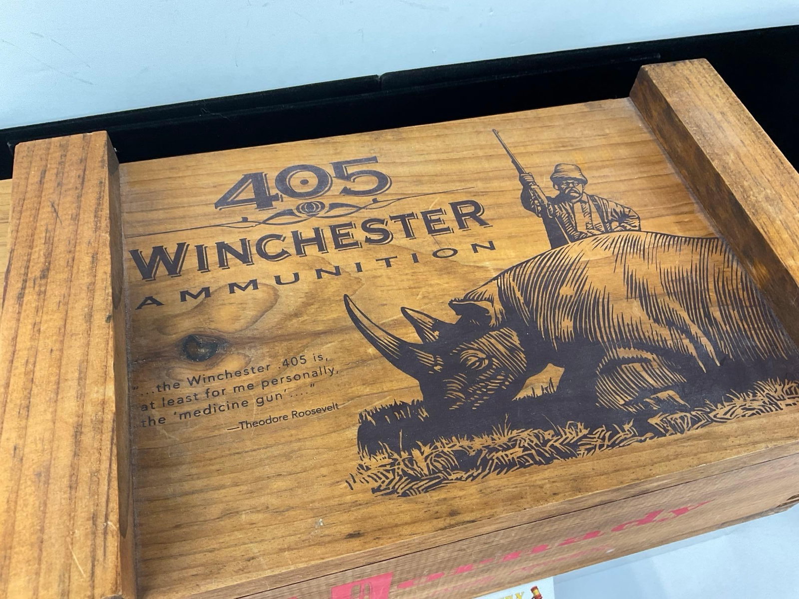 .405 Winchester Ammunition Crate, w/Teddy Roosevelt Illustration on top, 8x16x9 inches - 2