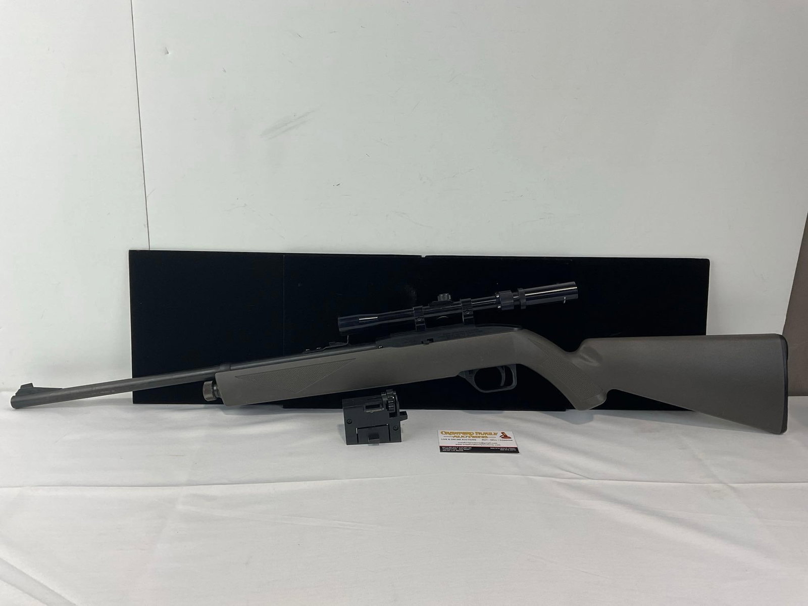 Crosman Air Gun, Model 1077, .177 Pellet Rifle, CO2, w/Bushnell Sportview 3-7x20mm Scope: SN: 295500423. Appears to be in good shape. The piece measures approx 9h x 38w x 3d inches. The barrel measures approx 18 inches. See pics. E-5770