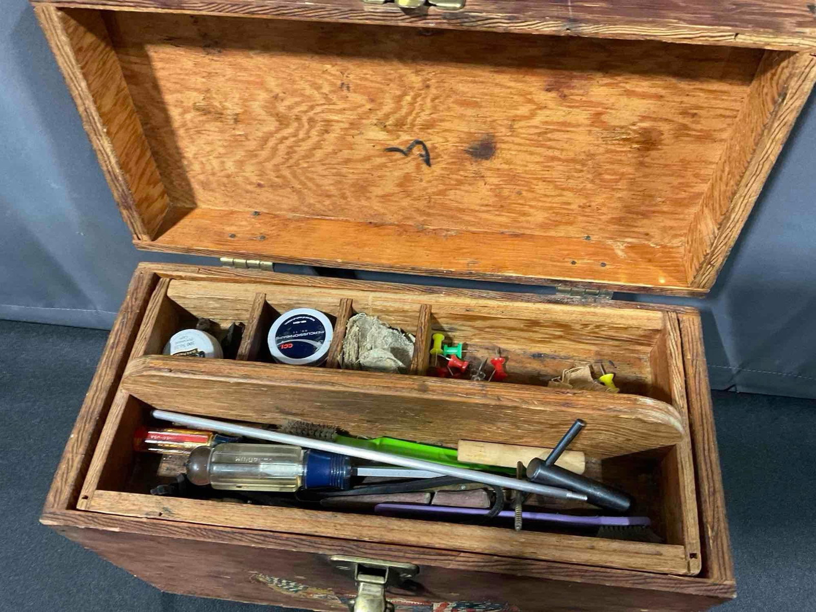 Handmade Plywood Black Powder Tool Box, w/Lead Mold, Mallet, Vintage Powder Flask, Lead Pellets - 2