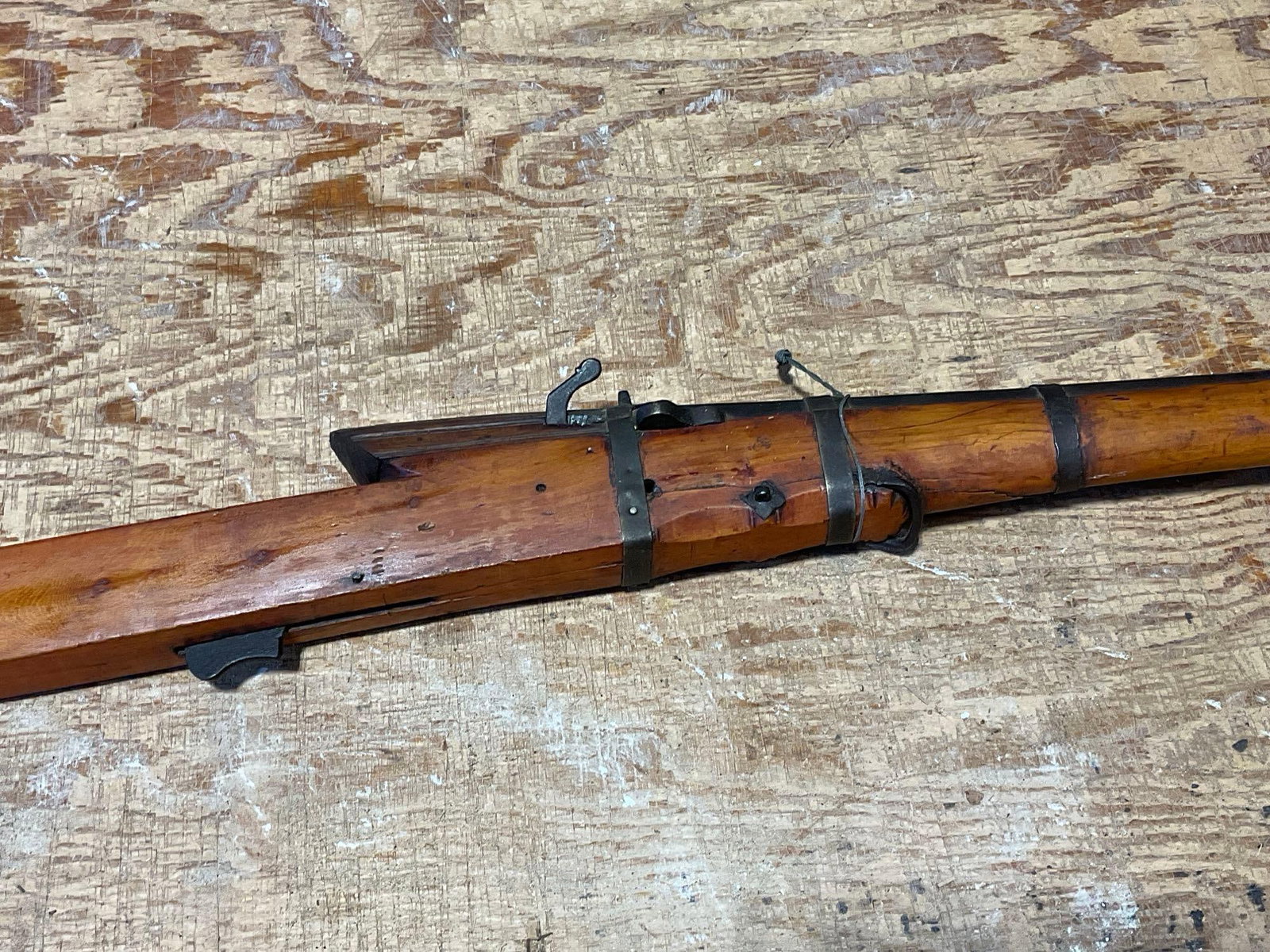 Huge Indian? Matchlock Wall/Rampart Gun, Black Powder, Primitive style stock w/Cast Iron Barrel: *No in-house shipping due to size* No FFL needed due to age, & more. There is a lot of original metal bindings and straps, some near the receiver are newer, but still not modern. This piece could 