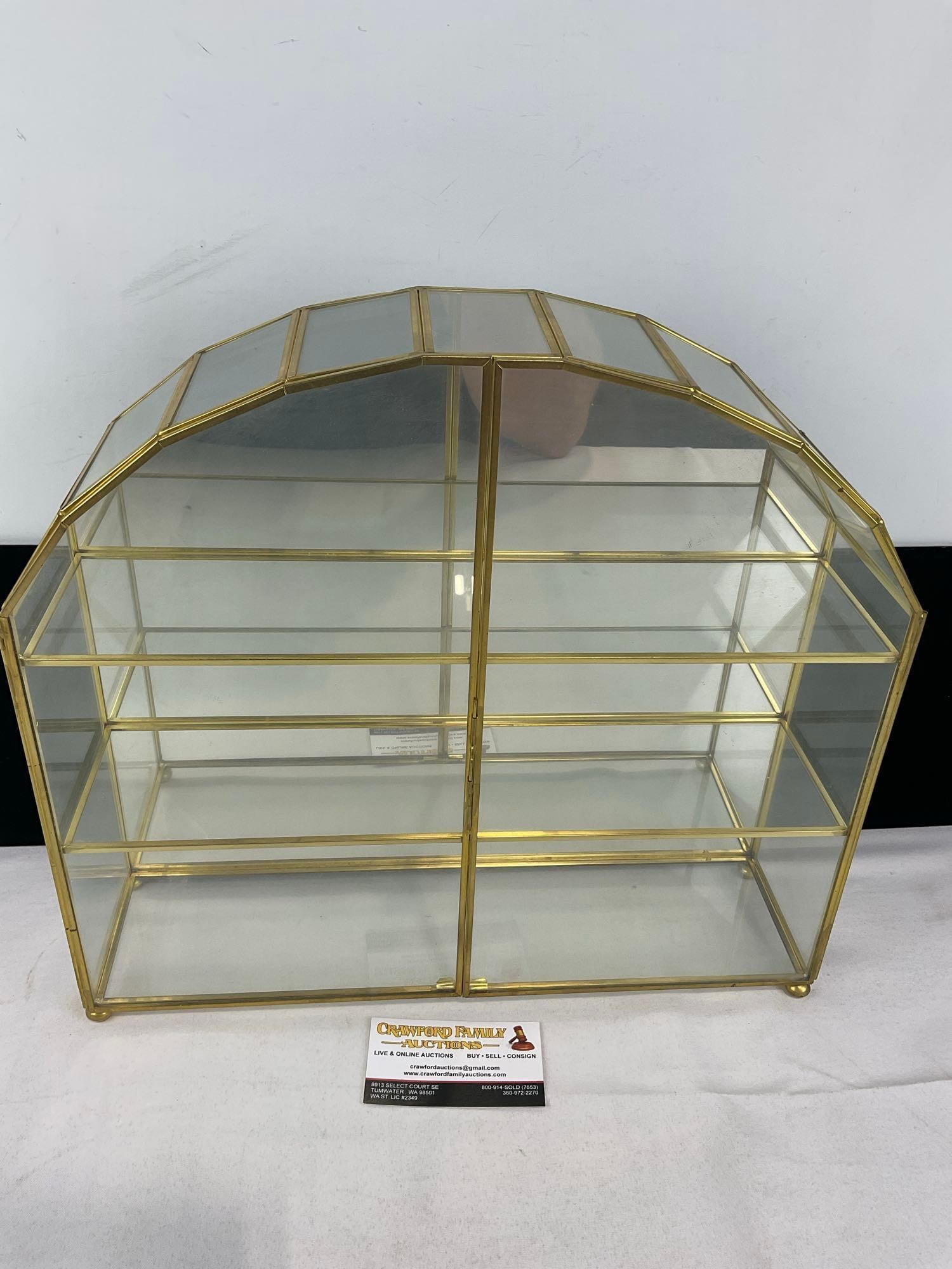 Vintage 3 Shelf Arched Glass & Brass Curio Cabinet, 15h x 16w x 5d inches: See pics for condition. Measures approx 15h x 16w x 5d inches. E-6710