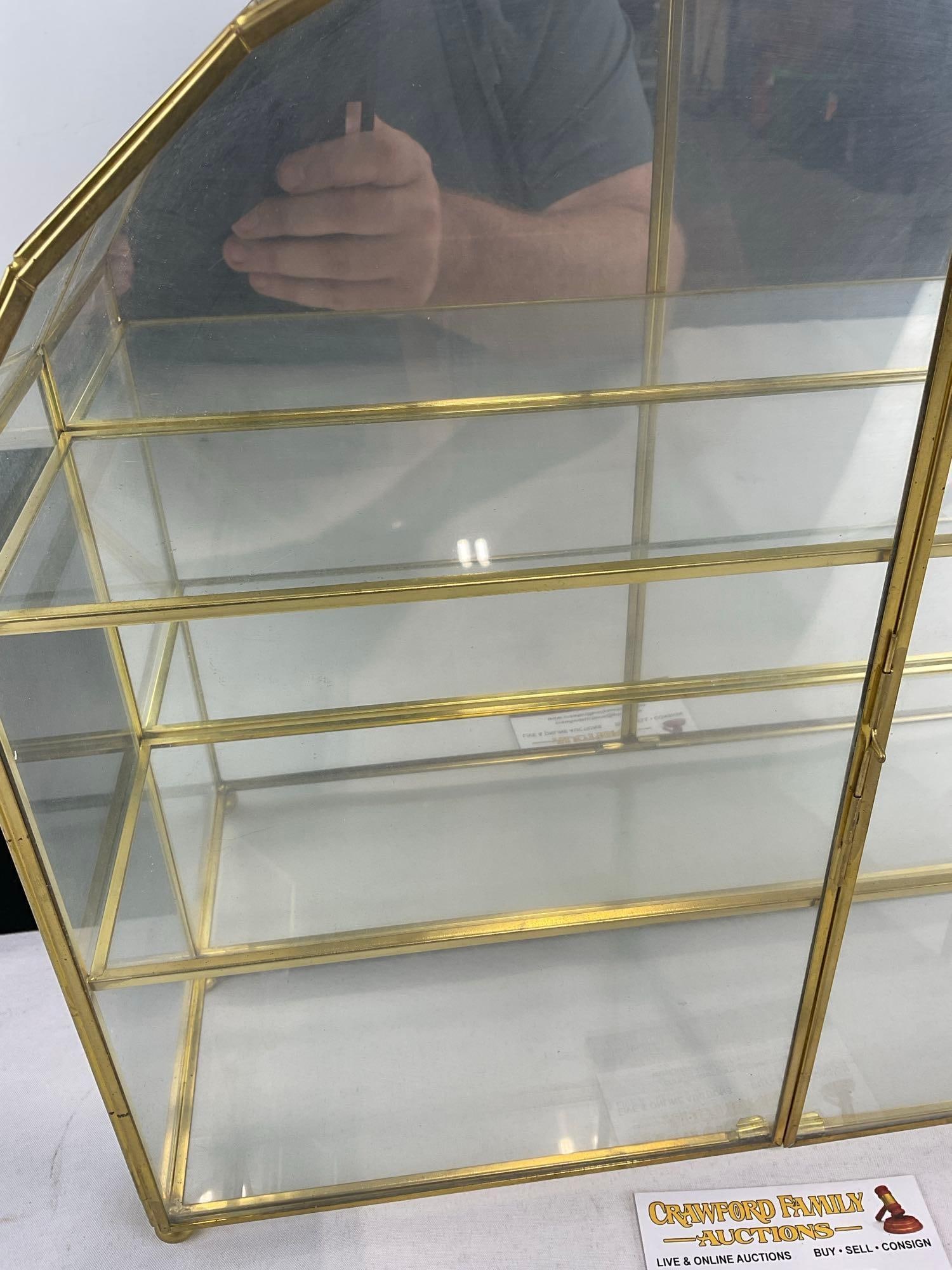 Vintage 3 Shelf Arched Glass & Brass Curio Cabinet, 15h x 16w x 5d inches - 2