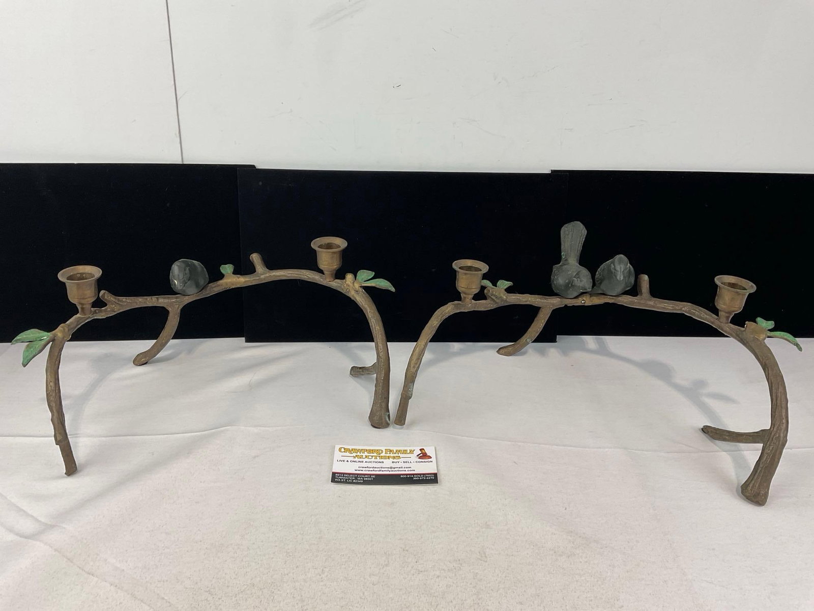 Pair of Vintage Rubbed Brass Bird & Branch Figural Candleholders, together measure 7x16x12 inches: See pics for condition. Measures approx 7h x 16w x 12d inches. E-6710