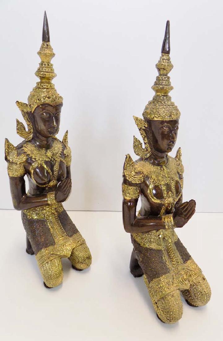 PAIR OF PRAYING KMHER ASPARA CAMBODIAN BRONZE STATUES: NICE CONTEMPORARY REPRESENTATION OF THE ANCIENT GODDESSES OF CAMBODIA WHICH WERE CALLED ASPARA. 14H