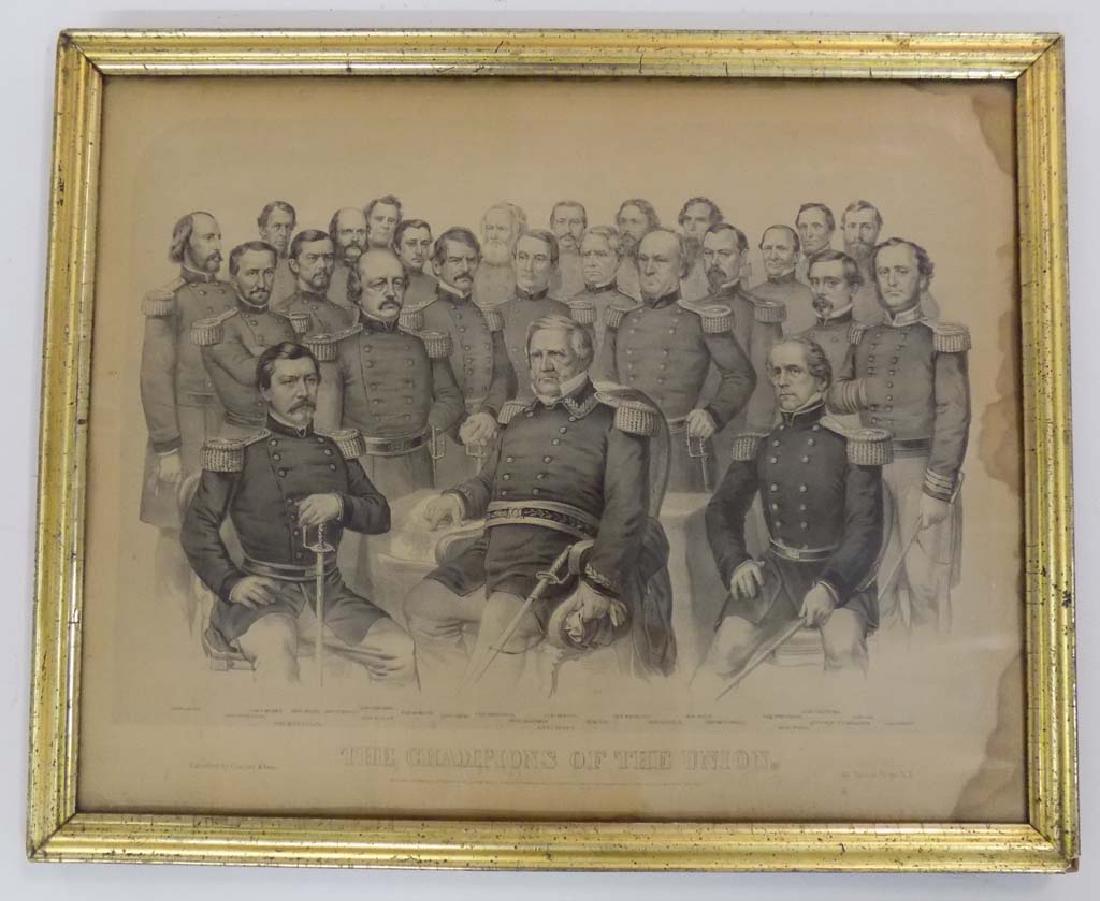 CHAMPIONS OF THE UNION LITHOGRAPH: A BEAUTIFUL EARLY UNCOLORED LITHOGRAPH TITLED "THE CHAMPIONS OF THE UNION". SITTING WE FIND GENERAL GEORGE MCCLELLAN, GENERAL WINFIELD SCOTT, AND GENERAL JOHN E. WOOL FOLLOWED BY A HOST OF GENERALS AN