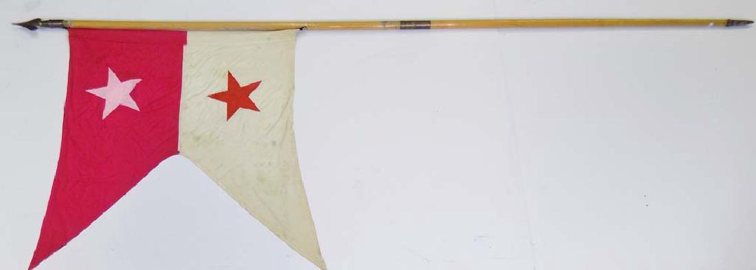 GENERAL SHERIDAN HQ COMPANY FLAG AND POLE: CIVIL WAR RE ENACTORS EXAMPLE OF UNION GENERAL PHILLIP SHERIDAN COMPANY HEADQUARTERS FLAG. THE FLAG IS A SWALLOWTAIL BANNER RED OVER WHITE WITH THE OPPISITE COLOR IN THE CORNER