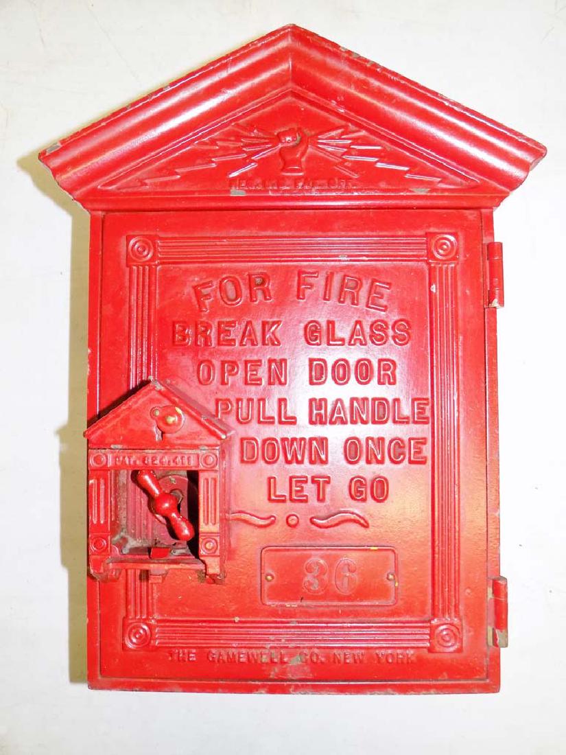 GAMEWELL FIREBOX: AN EARLY 1900'S FIRE DEPARTMENT CALL BOX NUMBER 36 MANUFACTURED BY THE GAMEWELL COMPANY IN NEWTON UPPER FALLS MASS.. MEASURES 19"H X 13"W.