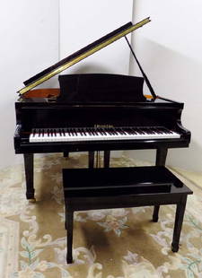 STRAUSS BABY GRAND PIANO: A BEAUTIFUL STRAUSS GERMAN BABY GRAND PIANO GP 142 SERIAL NUMBER 947177. THIS PIANO IS IN A BLACK LACQUER PAINT THAT REFLECTS LIKE GLASS.