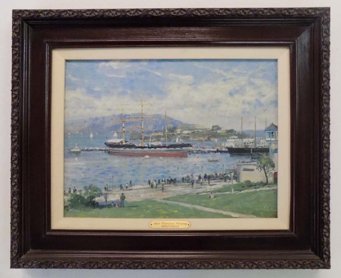"SAN FRANCISCO ALCATRAZ" KINKADE WORK: THIS THOMAS KINKADE STANDARD NUMBER CANVAS WAS DONE BY LIGHTHOUSE PUBLISHING. THE CERTIFICATE OF AUTHENTICITY IS ATTACHED TO THE BACK. THIS LITHO IS NUMBER 321 IN A RUN OF 1250. THE WORK MEASURES 12"
