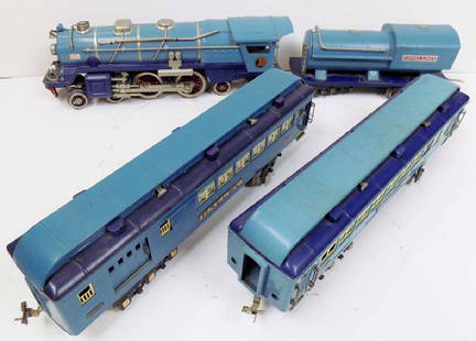 LIONEL 4 PC SET: A LIONEL LINES FOUR PIECE TRAIN SET INCLUDES LOCOMOTIVE 400E MEASURING 19"L AND TENDER, OBSERVATION 423 MEASURING 20.5"L AND OBSERVATION 420 MEASURING 19"L. THIS TRAIN IS IN THE ORIGINAL BLUE WITH WOR