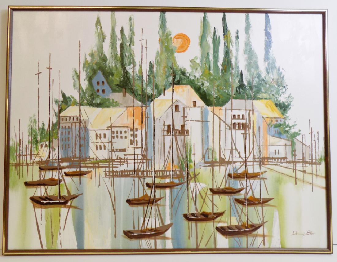 DENNIS BLAIR OIL PAINTING: A SIGNED DENNIS BLAIR OIL PAINTING. SUBJECT MATTER IS A HARBOR SCENE WITH SAIL BOATS IN THE BAY. MEASURES 49" X 38" WITH FRAME.