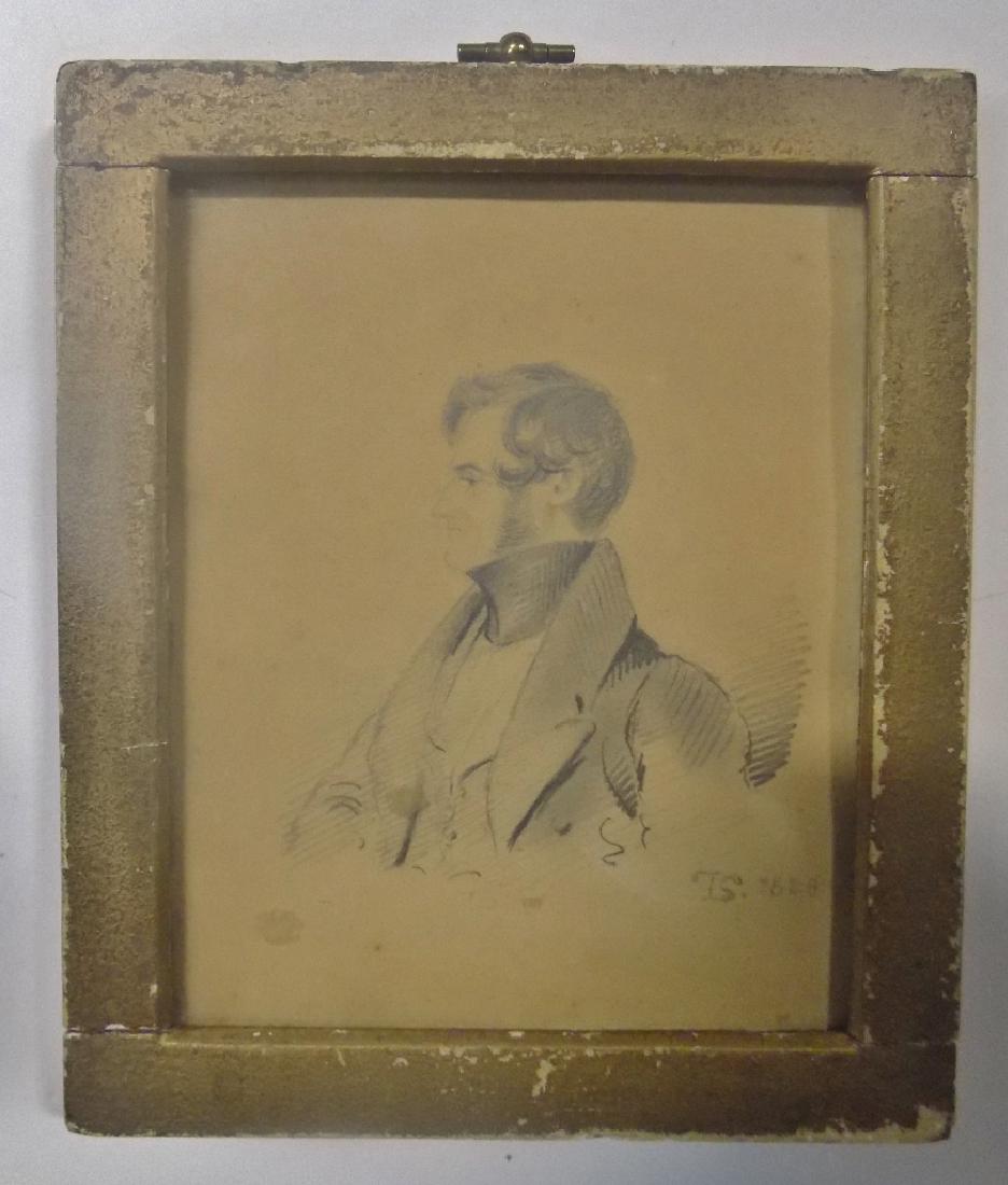 THOMAS SULLY PORTRAIT: A SIGNED THOMAS SULLY (1783-1872) MALE PORTRAIT DATED 1818. PORTRAIT IS SIGNED T.S. ON THE BOTTOM RIGHT HAND CORNER IN PENCIL. PORTRAIT IS OF A MALE WEARING PERIOD CLOTHING, AS ARE MOST ALL OF SULLY'S