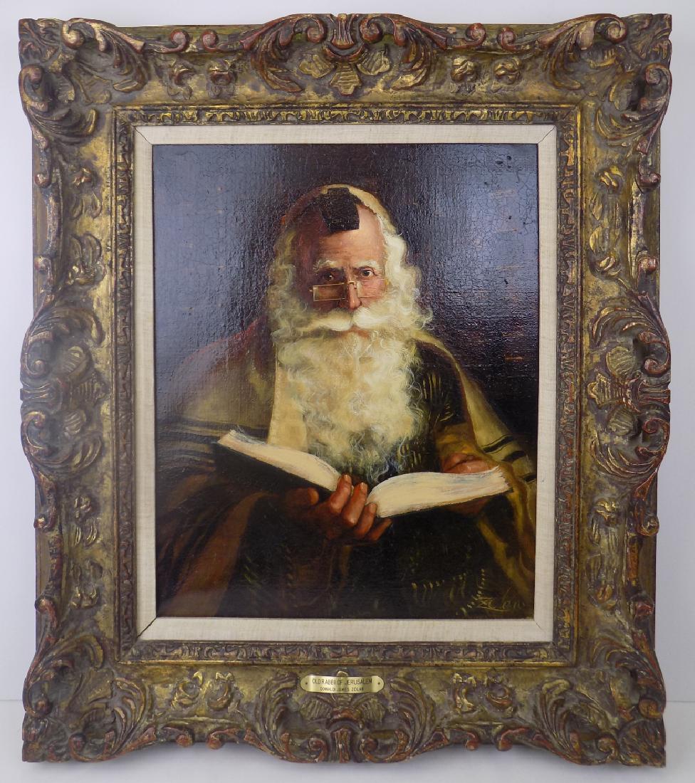 SIGNED DONALD ZOLAN RABBI OIL ON CANVAS: A SIGNED DONALD JAMES ZOLAN (1937-2009) RABBI OIL ON CANVAS TITLED "OLD RABBI OF JEUSALEM". ZOLAN IS A UNITED STATES ARTIST KNOWN FOR PORTRAIT, FIGURE, AND CHILDRENS PAINTINGS. WORK MEASURES 16" X 20"