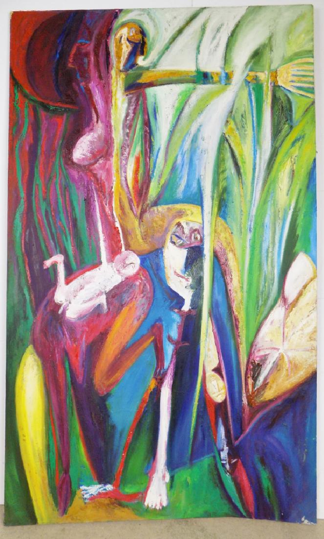 RICHARD MANN OIL ON CANVAS: A LARGE OIL ON CANVAS SIGNED AND DATED RICHARD MAN 1983. ARTWORK IS TITLED "GENESIS: THE FIRST DAY". UNFRAMED. MEASURES 7'H X 50"W.