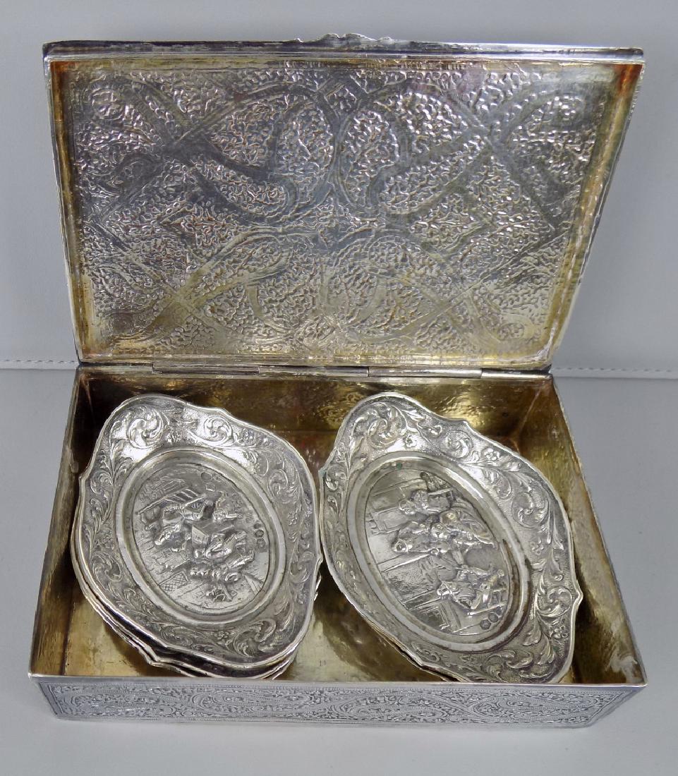 (6) PIECE DUTCH 833 SILVER NUT SET IN BOX / CASE - 1925: NUT DISHES ARE ALL HALLMARKED FOR THE NETHERLANDS WITH DATE CODE FOR 1925 AND CODE FOR 833 SILVER. CASE IS NOT MARKED. DISHES ARE 2-1/2" BY 3-1/2". HINGED LID BOX IS 3-1/4" BY 5".