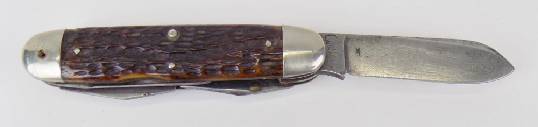 CATTARAUGUS FOLDING KNIFE WITH BLACK BUTTON: SPEAR BLADE, SHORT CLIP, PUNCH, & SCREWDRIVER/CAP LIFTER. 3-3/4" CLOSED, 6-1/2" OPEN