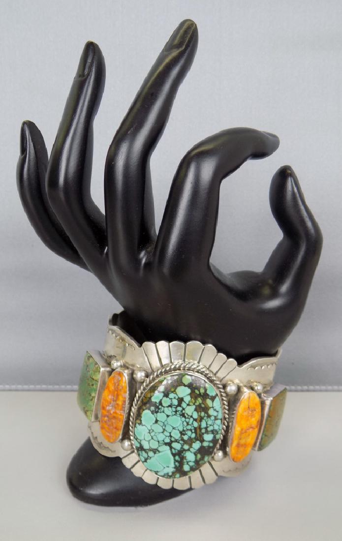 S-WESTERN STERL. - TURQ. & SPINY OYSTER? CUFF BRACELET: SIGNED D. (DON) JOHNSON (ROCKING HORSE RANCH), LARGE ROUND BIRDSEYE TURQUOISE, GREEN SQUARES AND SPINEY OYSTER OVALS, SIZE 7-1/4", 2-1/4" WIDE
