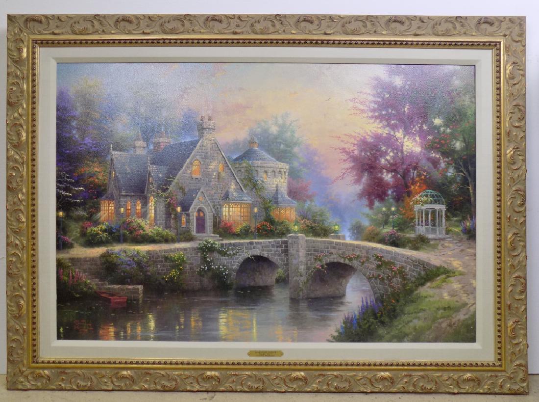 THOMAS KINKADE FRAMED L. E. PRINT -LAMPLIGHT MANOR: PRINT ON CANVAS, PROFESSIONALLY FRAMED AS ORIGINALLY SOLD. WITH COA. LIMITED EDITION #2925 OF 4950 MADE. IMAGE SIZE IS 24" BY 36 " IN A 31-1/2" BY 43-1/2" FRAME.