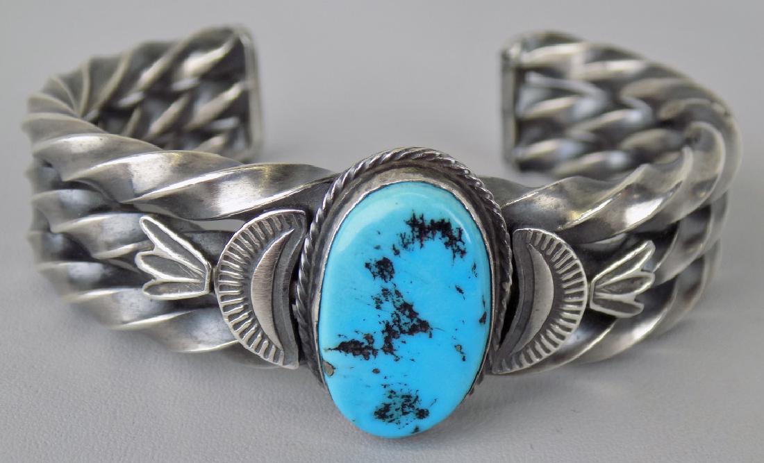 S-WESTERN STERL. TWIST BANDS & TURQ. CUFF BRACLET: SIGNED STERLING & RJ (ROBERT JOHNSON). SIZE 6-1/2", 3/4" WIDE.