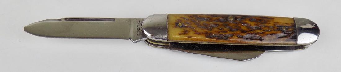 IMPERIAL STAG POCKET FOLDING KNIFE: SPEAR, SHEEPS FOOT AND PEN BLADES, 3" CLOSED, 6" OPEN.