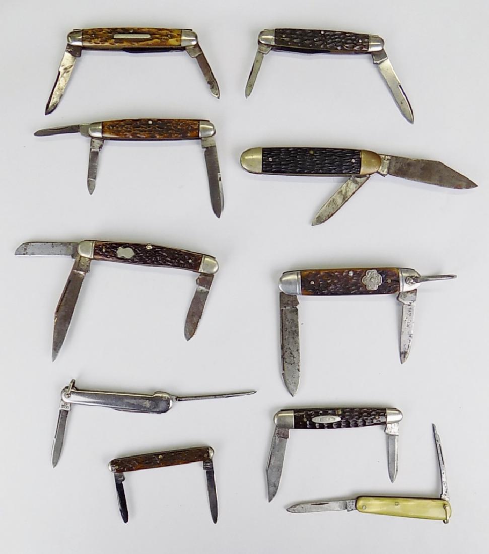 LOT OF 10 FOLDING POCKET KNIVES: PRIMBLE. STAINLESS, CASE, KEEN KUTTER, N.Y. ULSTER, BOY SCOUT, ETC. 2-1/2" TO 3-1/2" CLOSED, 4" TO 5-3/4" OPEN.
