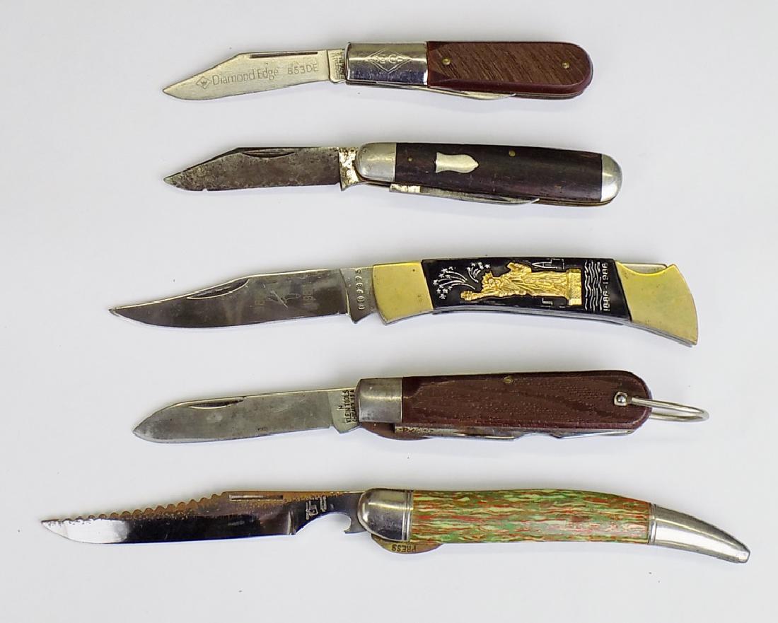 LOT OF 5 POCKET FOLDING KNIVES: IMPERIAL, KLEIN, SHUREDGE, HAMMER, STATUE OF LIBERTY LOCKBACK, DIAMOND EDGE IMPERIAL BARLOW. 3-1/2" TO 5" CLOSED, 6" TO 9" OPEN.