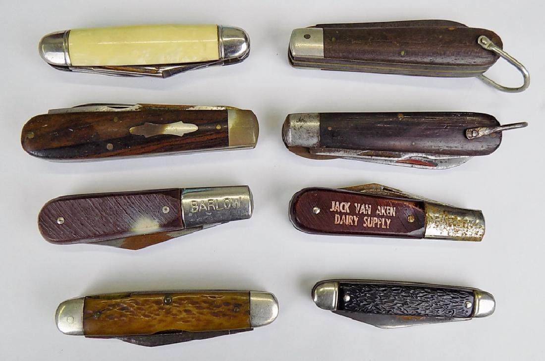 LOT OF 8 POCKET FOLDING KNIVES: KUTMASTER, SCHRADE, HAMMER, IMPERIAL BARLOW, ULSTER ETC. 3" TO 3-3/4" CLOSED, 5-1/4" TO 6-1/2" OPEN.