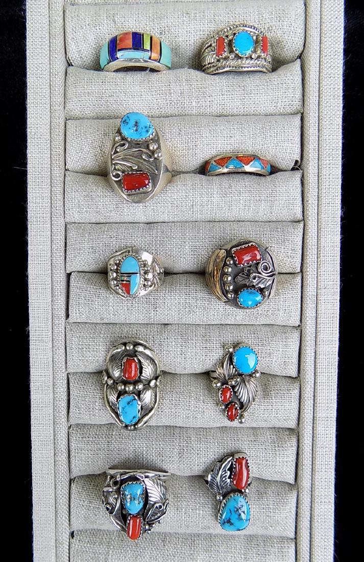 TEN SOUTHWESTERN STERLING RINGS: 6 ARE ARTIST SIGNED, 2 ARE UNMARKED. SIZES ARE 5-1/2" TO 13-1/4"