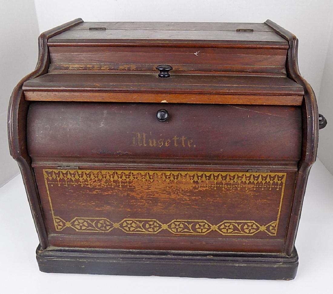 AEDIAN MUSETTE ROLLER ORGAN - ORGANETTE: AEDIAN ORGAN & MUSIC CO. SOME ORIGINAL LABELS. 14-1/2" WIDE, BY 11-1/2"DEEP AND 12" HJGH