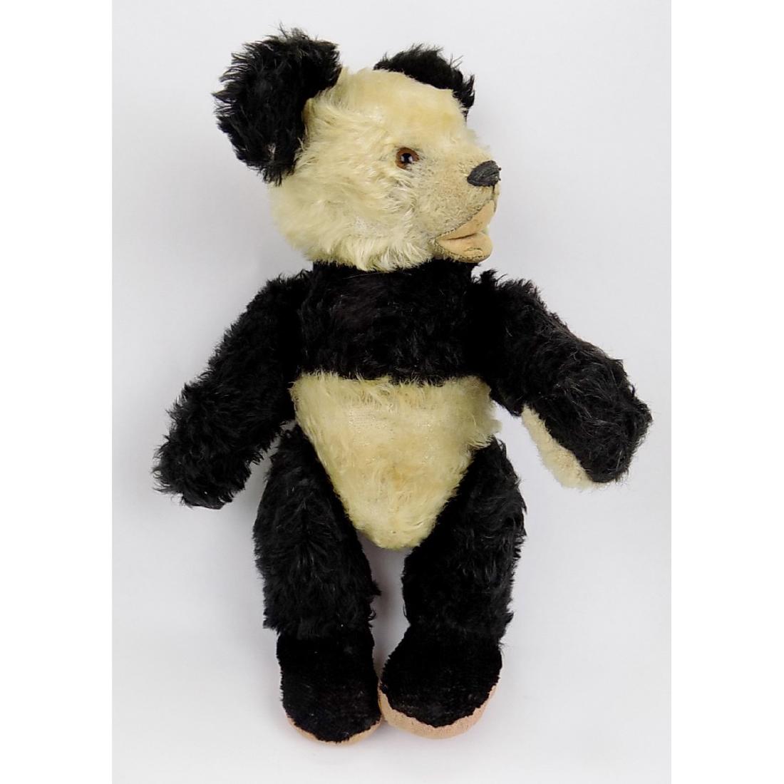STEIFF PANDA BEAR: BLOCK LETTER BUTTON, JOINTED. SQUEAKER. 16" TALL.
