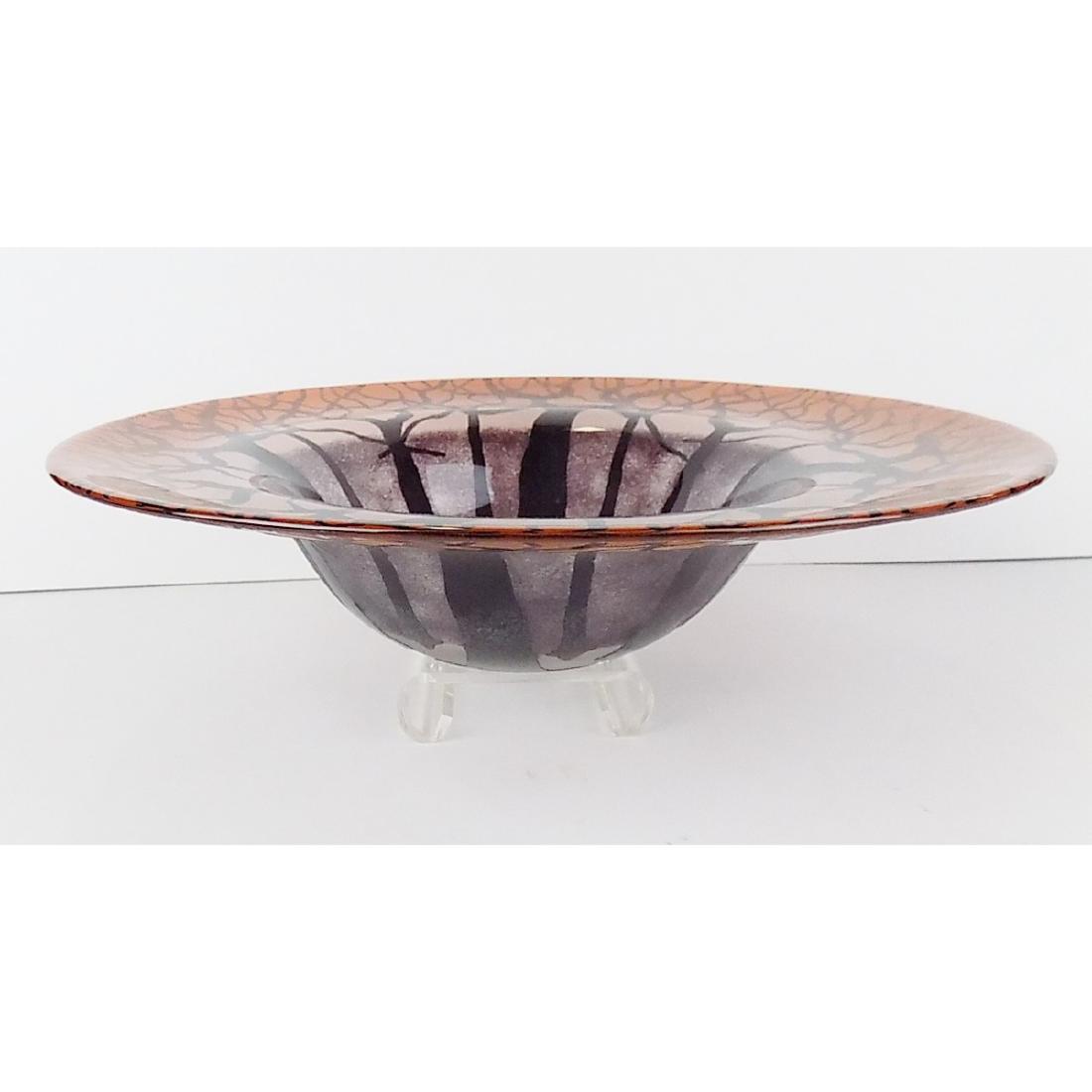 KATZ ART GLASS BOWL: A SIGNED FROSTED ARTGLASS BOWL WITH TREE SILHOUETTE DECORATION. SIGNATURE OF BERNARD KATZ ENTITLED "TOPAZ TREE". MEASURES 14.5" DIAMETER.