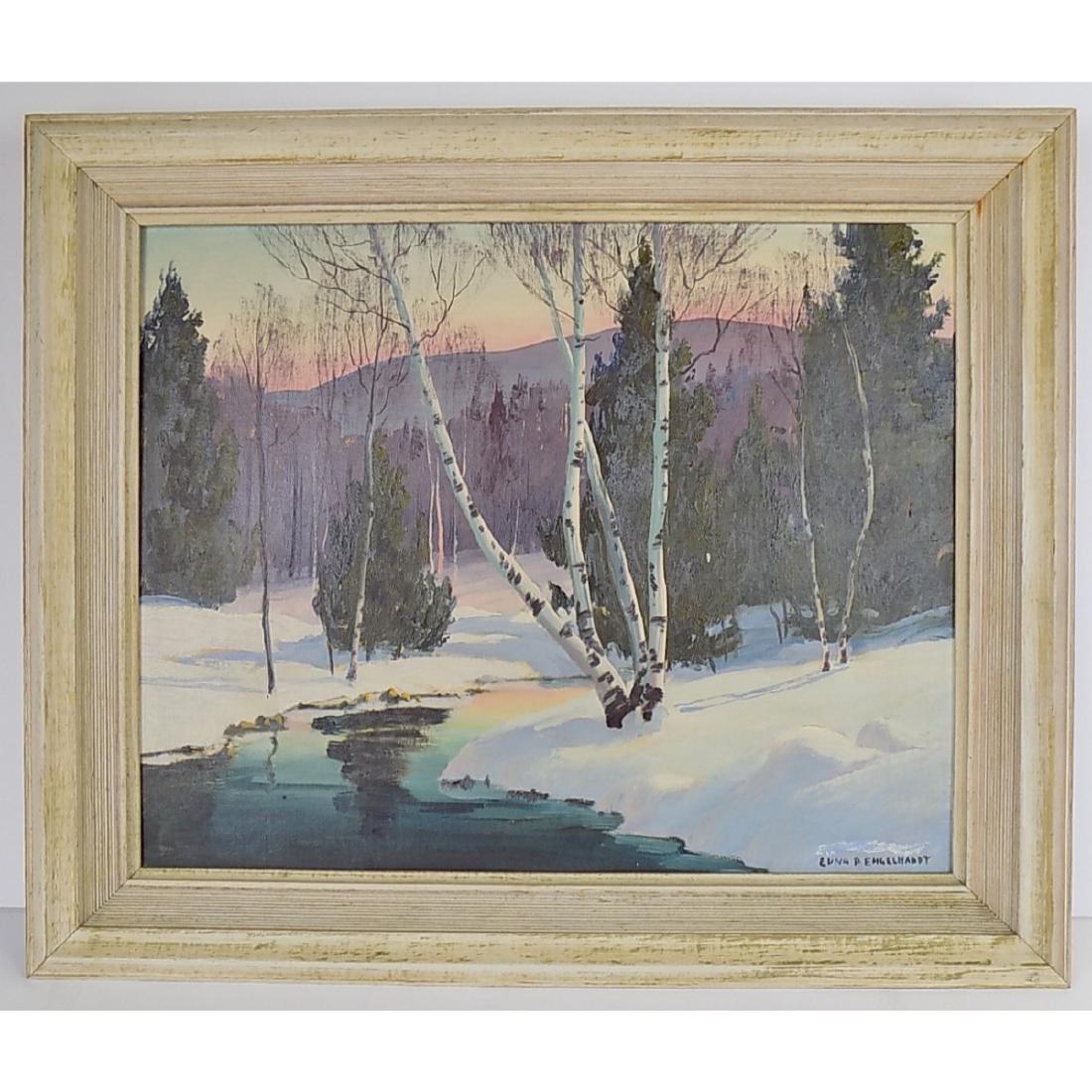 EDNA ENGLEHARDT OIL PAINTING: SIGNED EDNA ENDLEHARDT (1897-1991) OIL PAINTING ON BOARD. WINTER SCENE WITH WHITE BIRCH TREES ALONG STREAM. IT DOES APPEAR THERE WAS A NAME SIGNED ABOVE ENGLEHARDT IN BLACK. THAT NAME IS ILLEGIBLE. WO