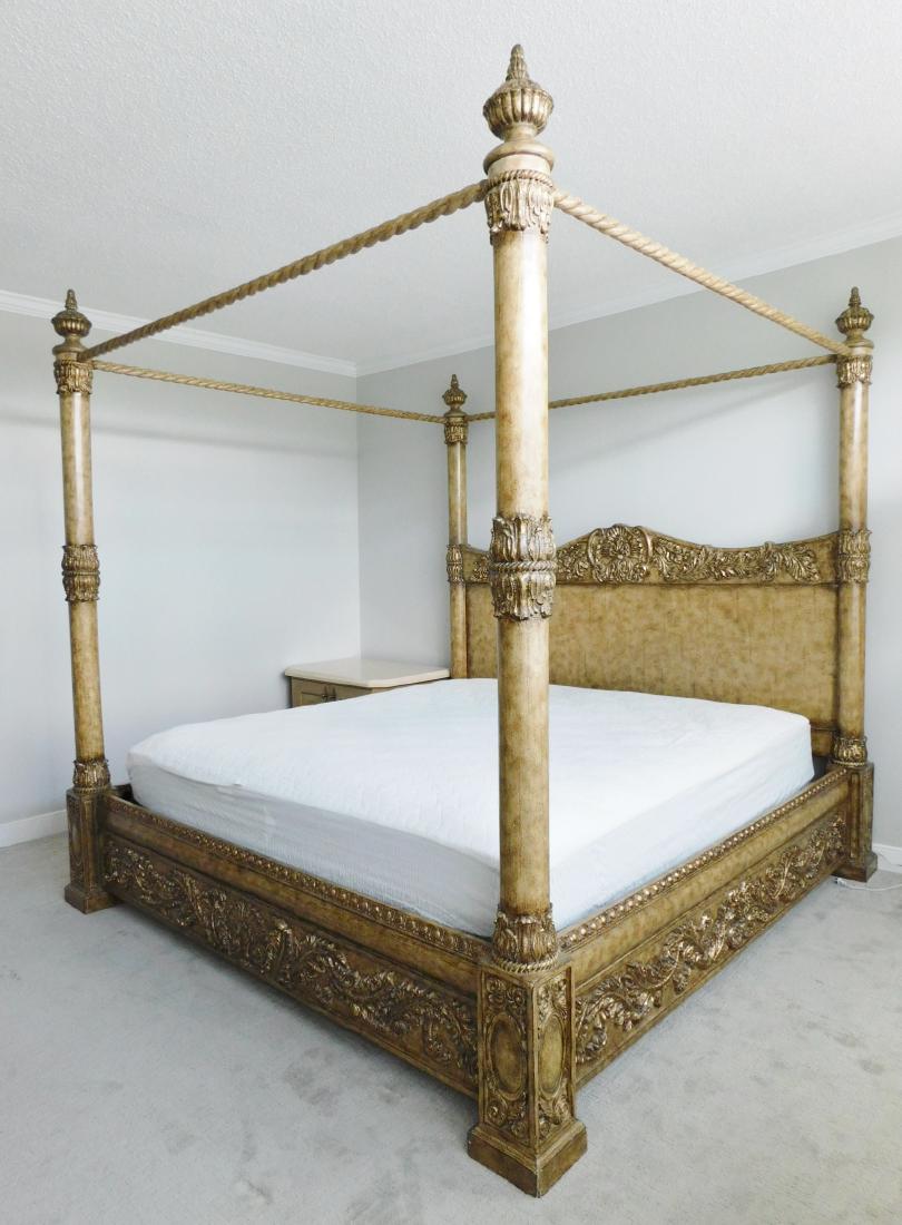 KING SIZE CANOPY BED: A CARVED FOUR POSTER KING SIZE CANOPY BED. BATTRESS AND BOX SPRING IS NOT INCLUDED. FINIALS COME OFF OF HEADBOARD HOWEVER POSTS DO NOT DISMANTLE. TOTAL HEIGHT IS 90"H X 87"W X 95"L.